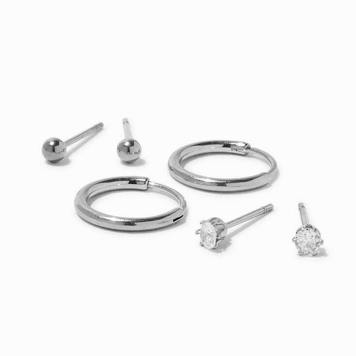 Silver-tone Stainless Steel Cubic Zirconia Cross Stud Earrings - 3 Pack,