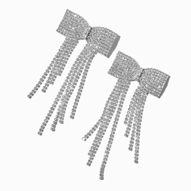 Silver-tone Pave Rhinestone Bow 3.5&quot; Drop Earrings,