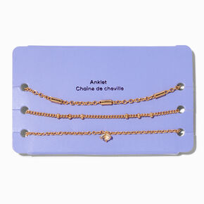 Gold-tone Dainty Rhinestone Mixed Chain Anklets - 3 Pack,