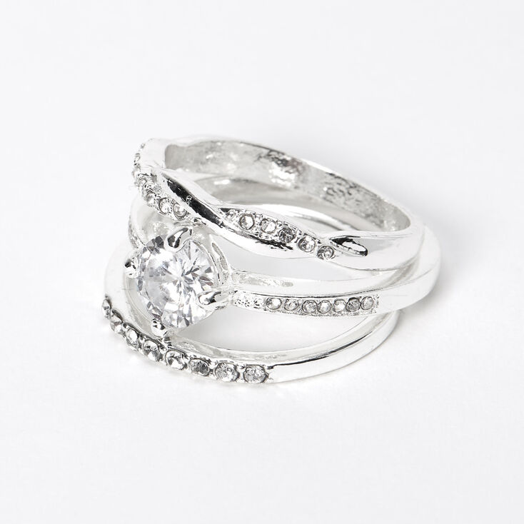Silver Cubic Zirconia Stone Twisted Rings - 3 Pack,