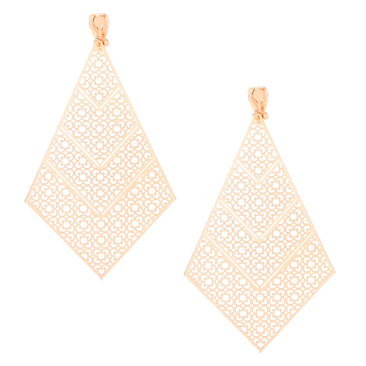 Rose Gold 3" Diamond Filigree Clip On Drop Earrings,