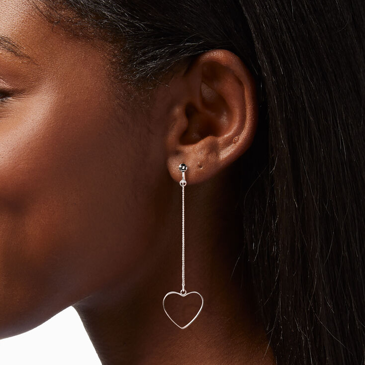 Silver 3&quot; Heart Linear Clip-On Drop Earrings,