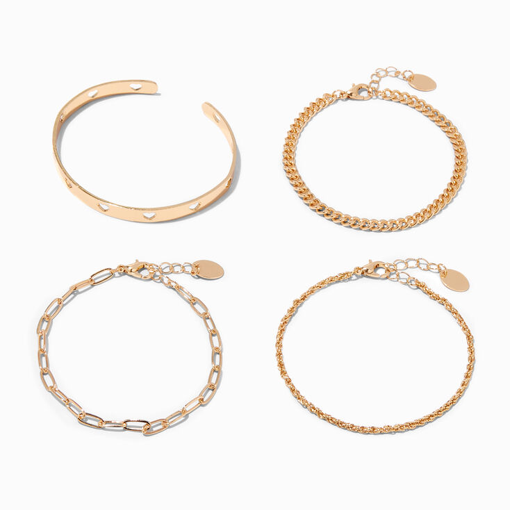 Gold Chain &amp; Heart Cuff Bracelet Set - 4 Pack,