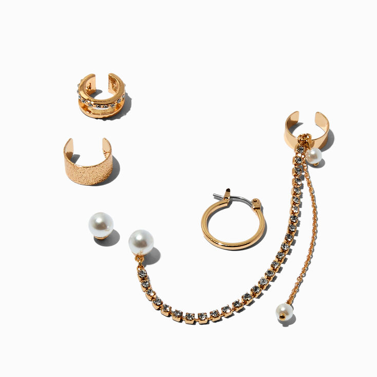 Gold-tone Pearl Hoop Connector Cuff Earring Stackables - 5 Pack,