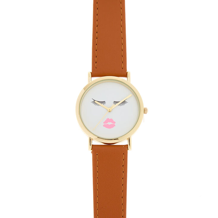 Tan Faux Leather Eyelashes & Lips Watch,