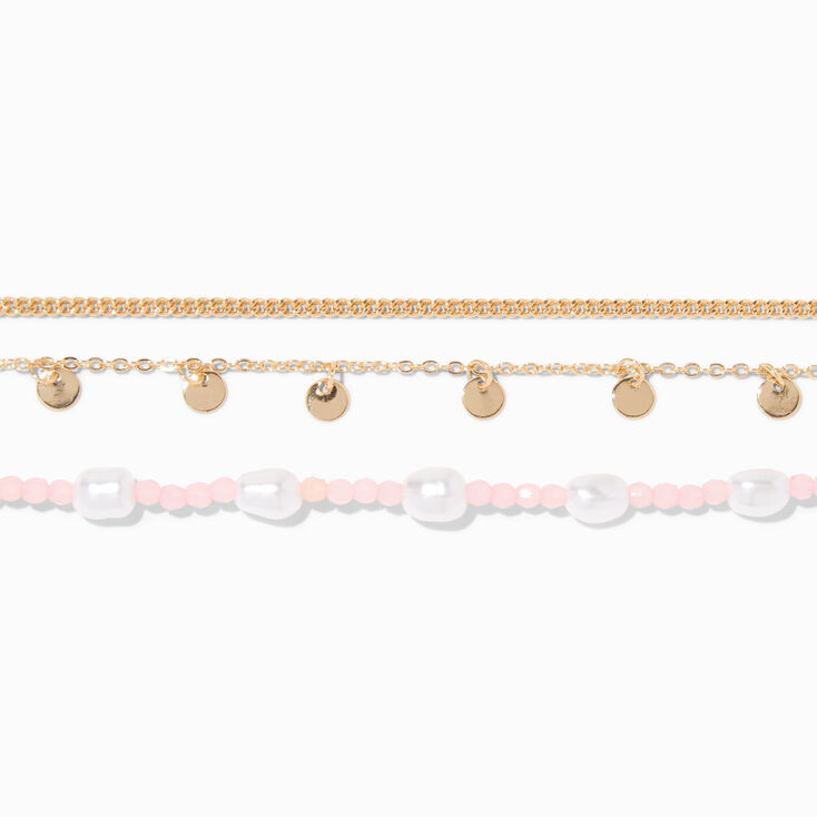 Gold Curb Chain Disc Charms Pink &amp; White Beaded Choker Necklaces - 3 Pack,