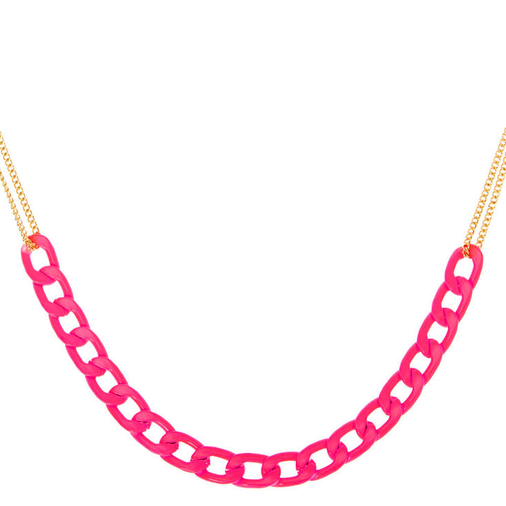Gold Double Chain Statement Necklace - Neon Pink,