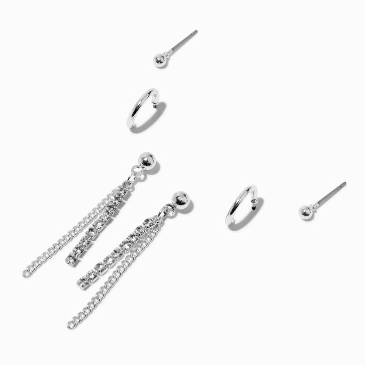 Silver-tone Crystal &amp; Chain Earring Stackables Set - 3 Pack,