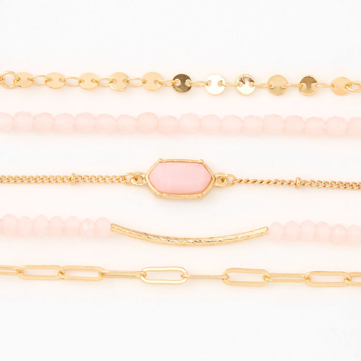 Gold &amp; Pink Beaded Bracelet Set - 5 Pack,