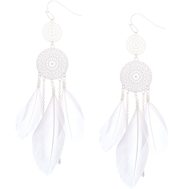 Silver 3" Feather Dreamcatcher Drop Earrings - White,