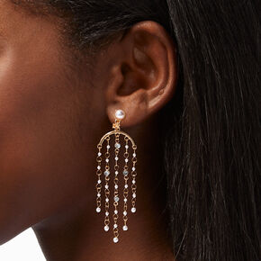 Gold Pearl Crystal Chandelier 3&quot; Drop Clip-On Earrings,