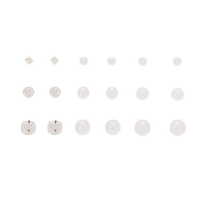Silver Graduated Crystal Pearl Stud Earrings - 9 Pack,