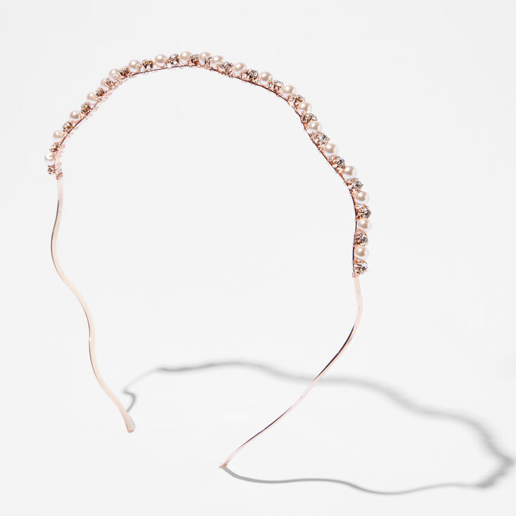 Rose Gold Rhinestone Pearl Wavy Headband,