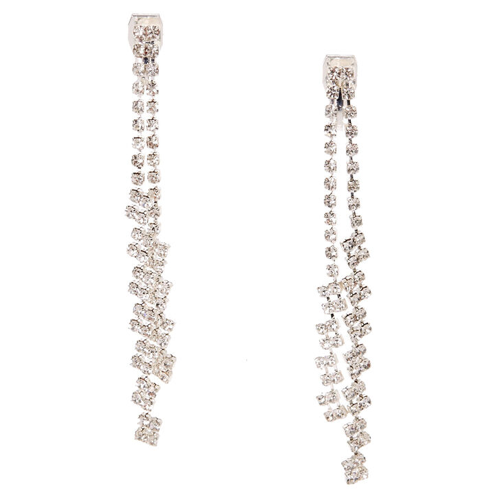 Double Crystal Chain Clip On Drop Earrings,