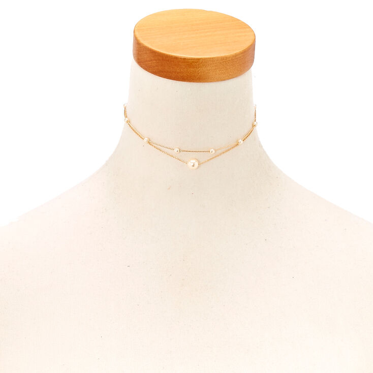 Double Strand Faux Pearl & Gold Tone Chain Choker Necklace,