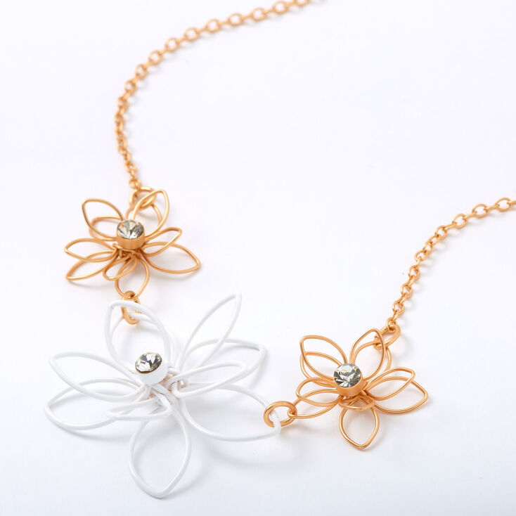 Gold Wired Flower Statement Necklace - White,
