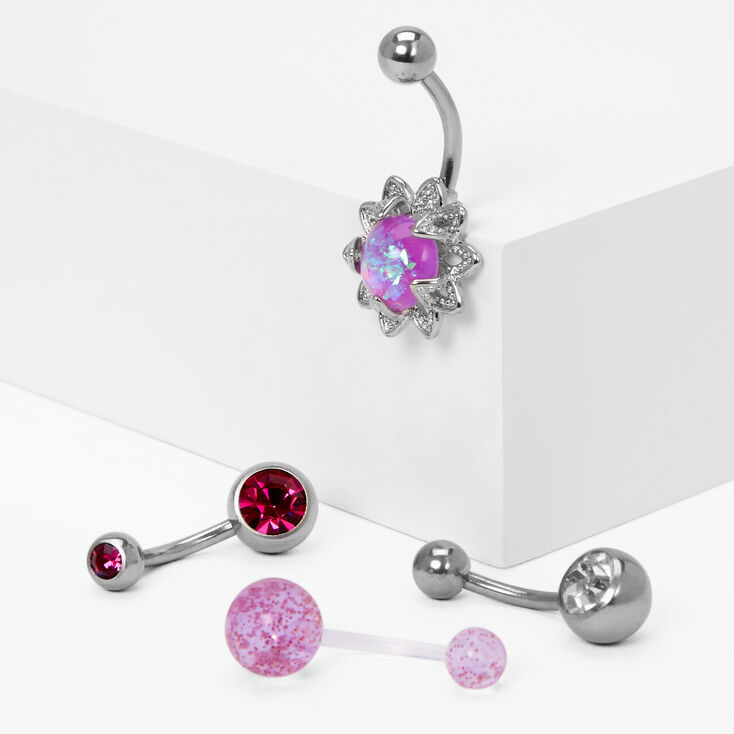 Silver 14G Flower &amp; Pink Stone Belly Rings - 4 Pack,