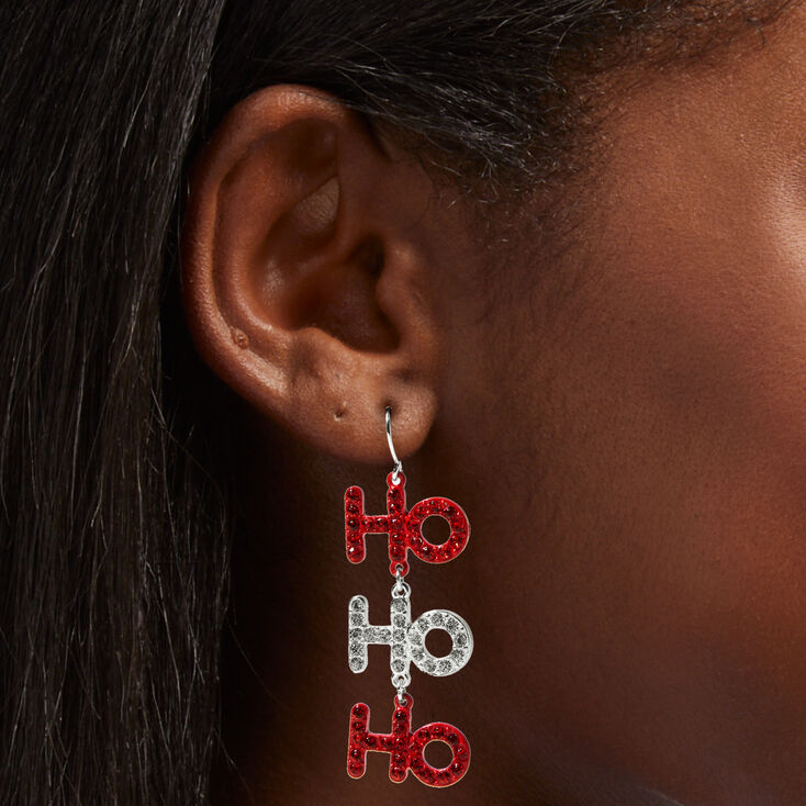 Christmas Ho Ho Ho Silver 2&quot; Linear Drop Earrings,
