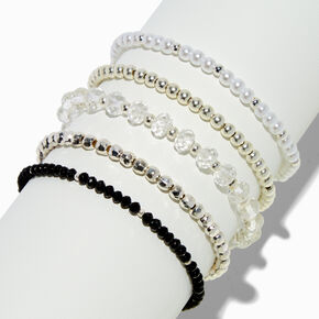 Silver-tone Pearl Black Mixed Beaded Stretch Bracelets - 5 Pack,