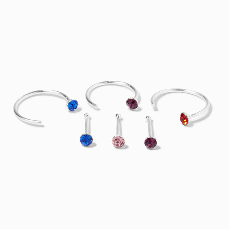 Sterling Silver 22G Jewel Tone Cubic Zirconia Nose Ring &amp; Stud Set - 6 Pack,