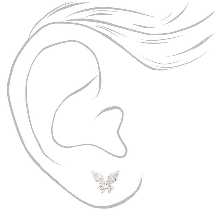 Silver-tone Cubic Zirconia Butterfly Stud Earrings,