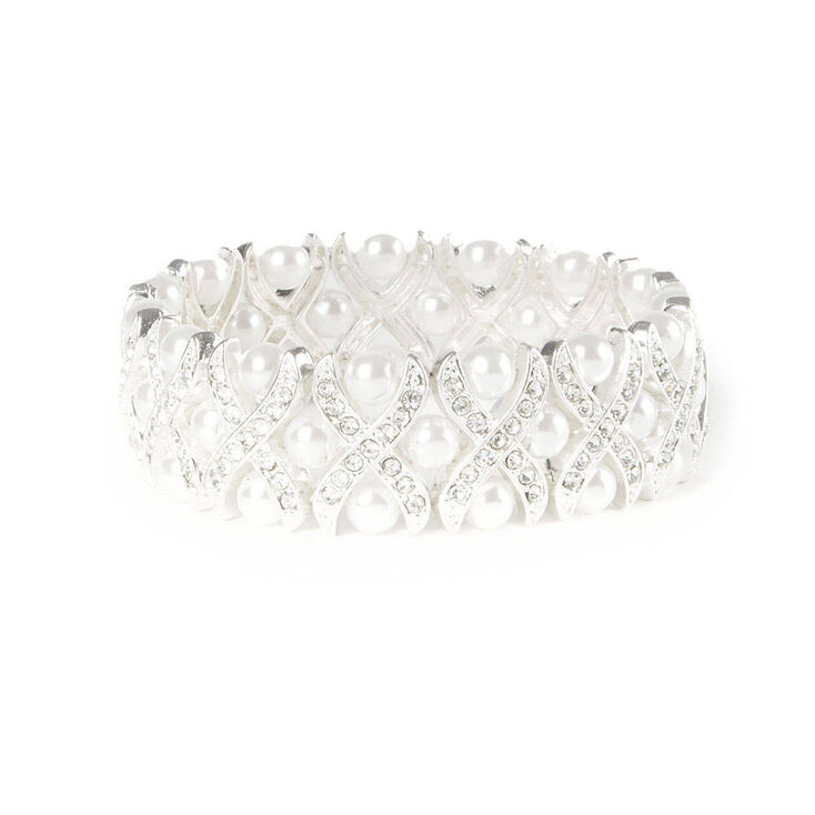 Crystal Criss Cross & Pearls Stretch Bracelet,