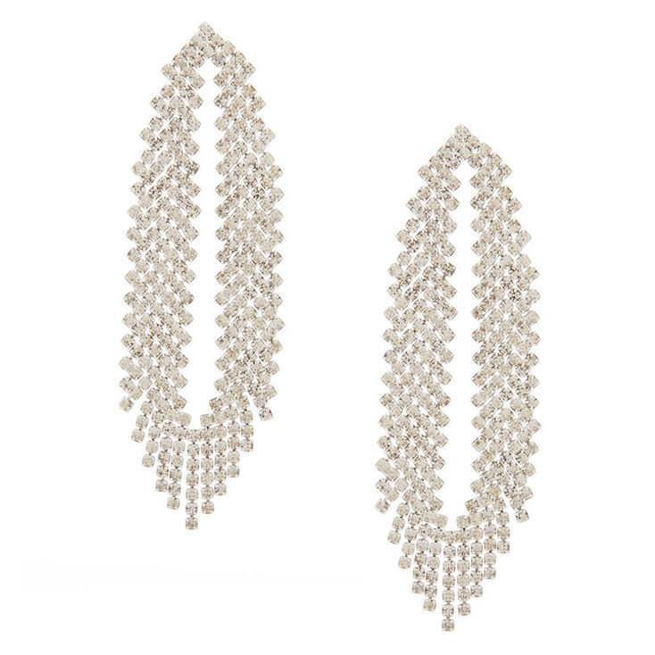 Silver Glass Rhinestone 2.5" Feathered Drop Earrings,