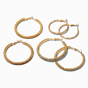 Gold-tone Embellished Crystal Hoop Earrings - 3 Pack,