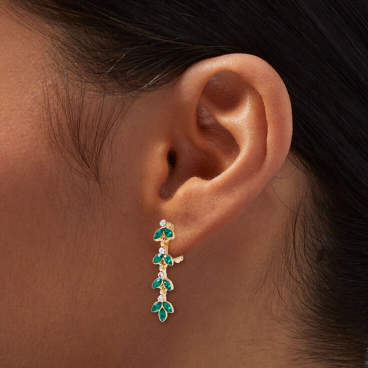 Green Crystal Leaf Clip-On Drop Earrings,