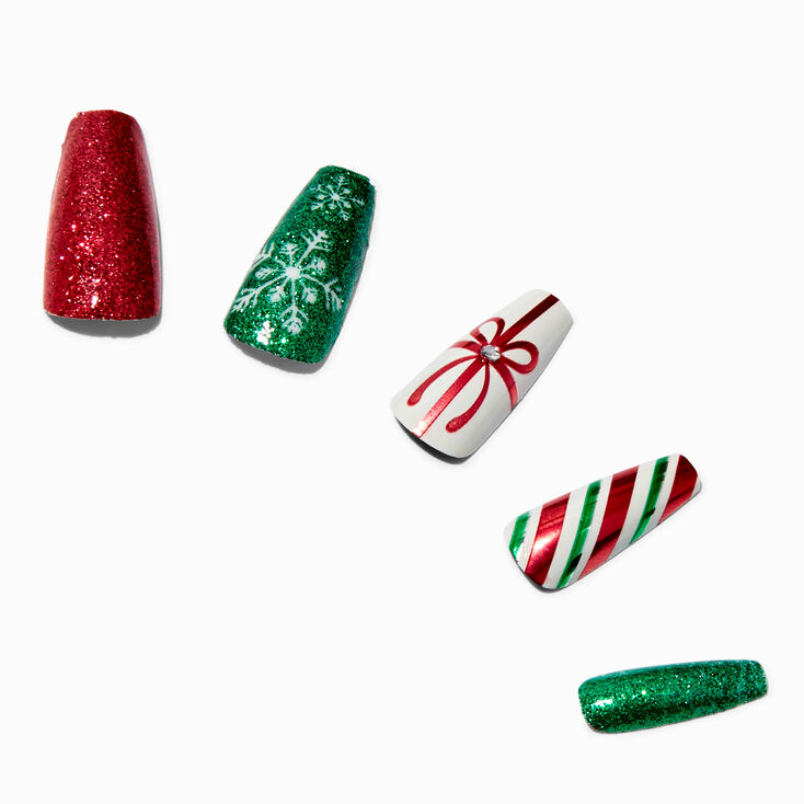Holiday Stripes &amp; Glitter Squareletto Press-On Faux Nail Set - 24 Pack,