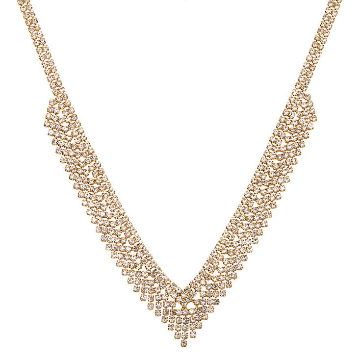 Gold-tone Rhinestone Chevron Statement Necklace,