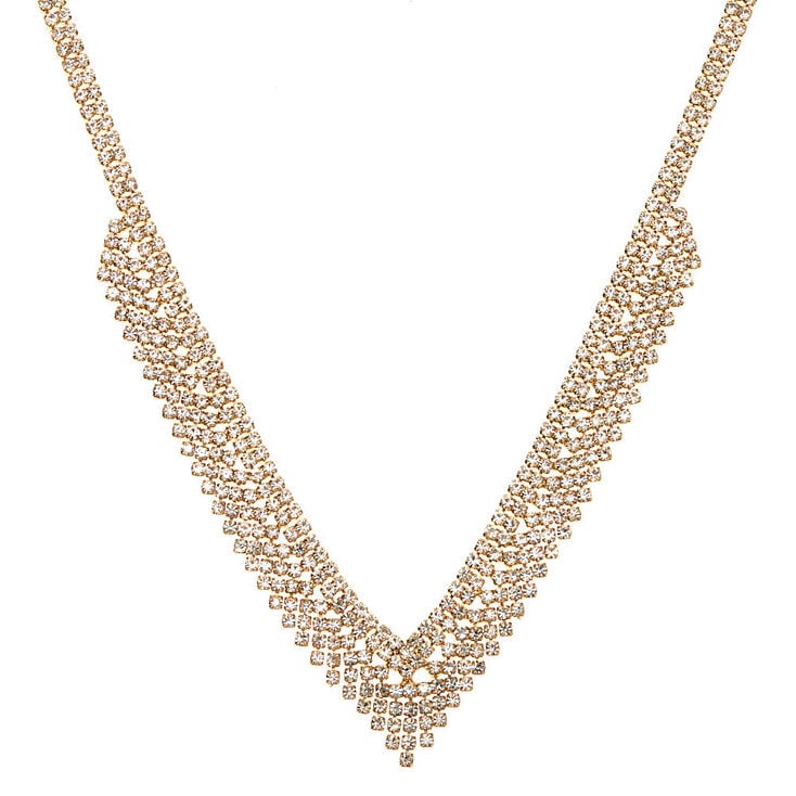 Gold Rhinestone Chevron Statement Necklace,