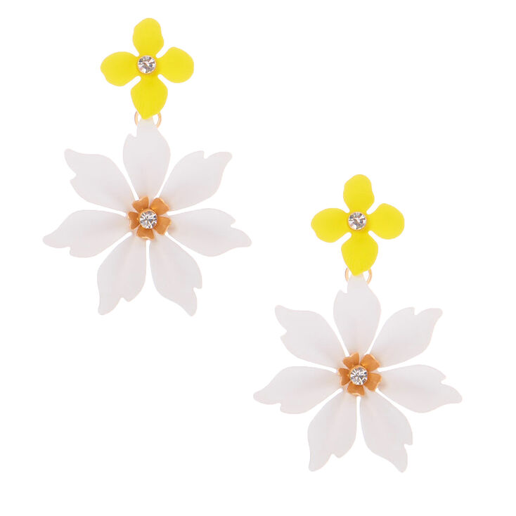 Gold 2" White & Yellow Petal Drop Earrings,