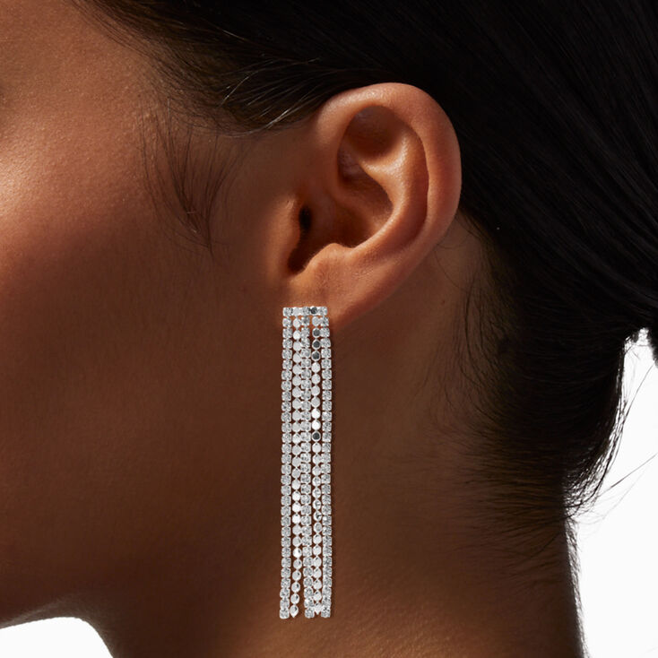 Silver Rhinestone Linear Fringe 3&quot; Drop Earrings,