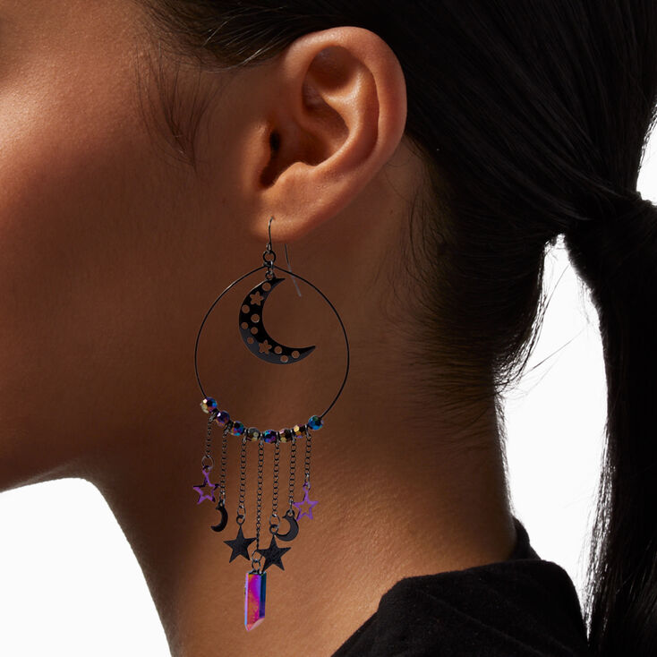 Crescent Moon Chain Fringe 4&quot; Drop Earrings,