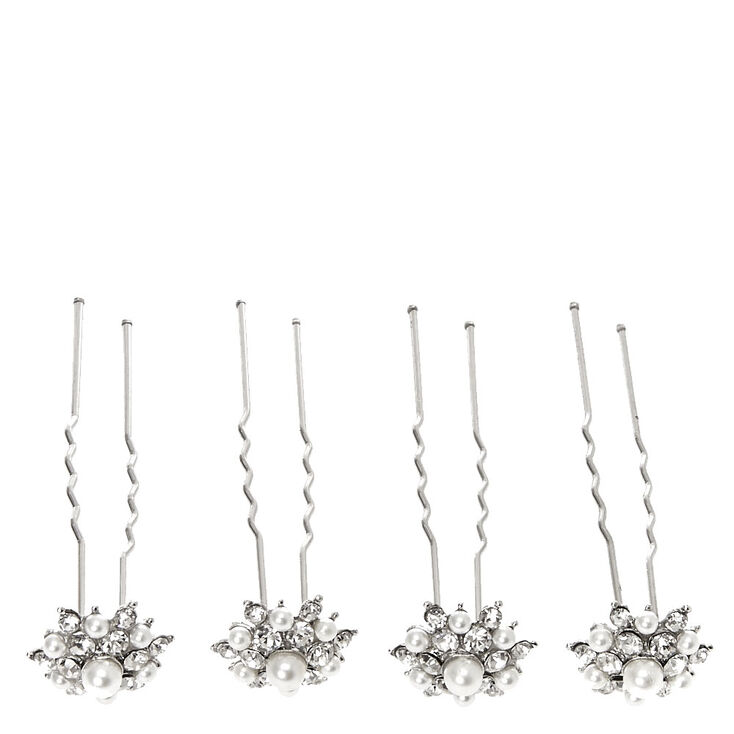 Silver Pearl & Crystal Flower Hair Pins,