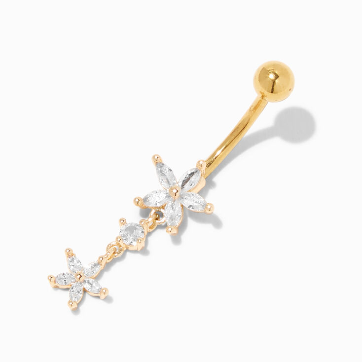 Gold 14G Cubic Zirconia Flower Dangle Belly Ring,