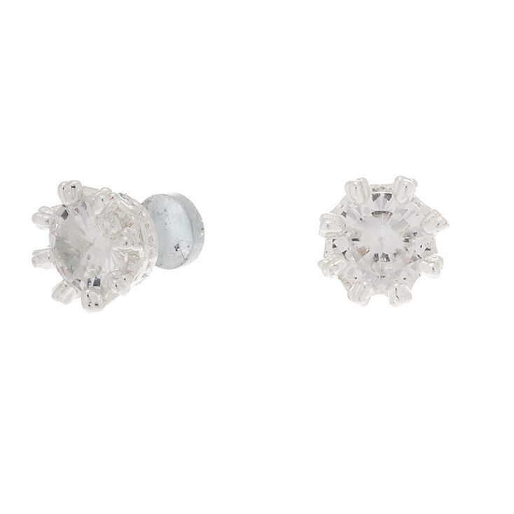 Silver Cubic Zirconia 5MM Round Magnetic Stud Earrings,