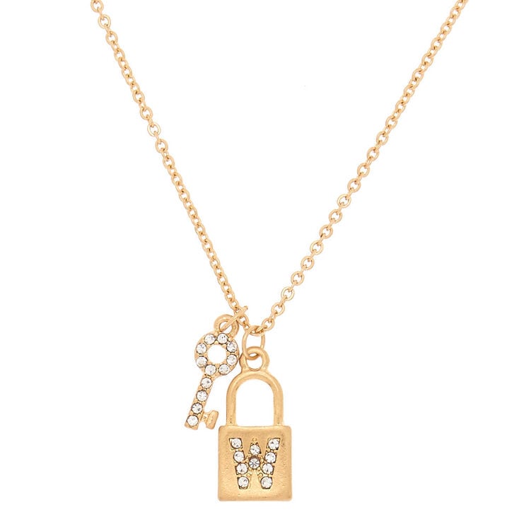 Gold Lock & Key Initial Pendant Necklace - W,
