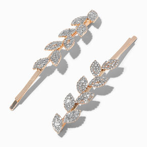 Rose Gold Pav&eacute; Crystal Leaf Hair Pins - 2 Pack,