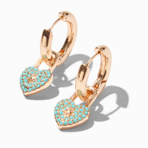 Turquoise Heart Lock Gold-tone Clicker Hoop Earrings,