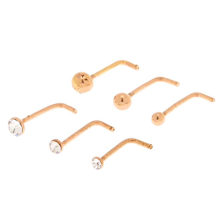 Rose Gold Sterling Silver 22G Cubic Zirconia Beaded Nose Studs - 6 Pack,