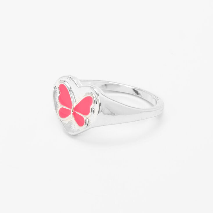 Silver Butterfly Heart Ring - Pink,