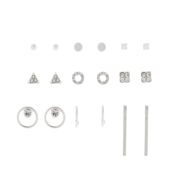 Silver Geometric Stud Earrings - 9 Pack,