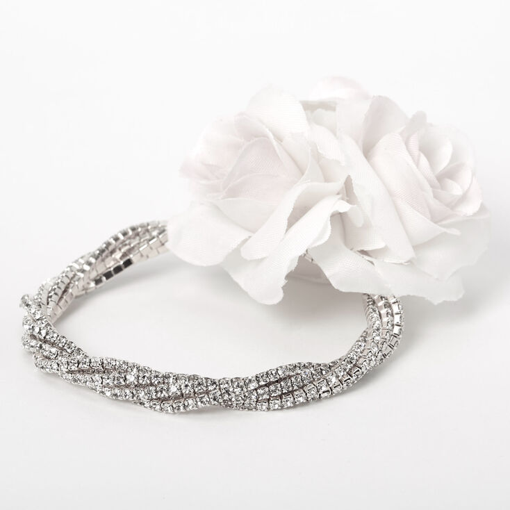 Silver Rhinestone Twisted Flower Corsage - White,