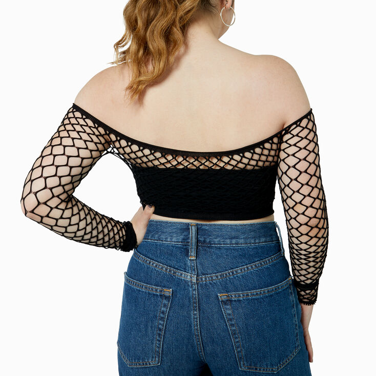Black Fishnet Long-Sleeve Crop Top,