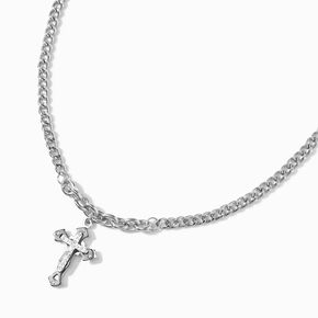 Silver Heavy Crystal Cross Necklace,