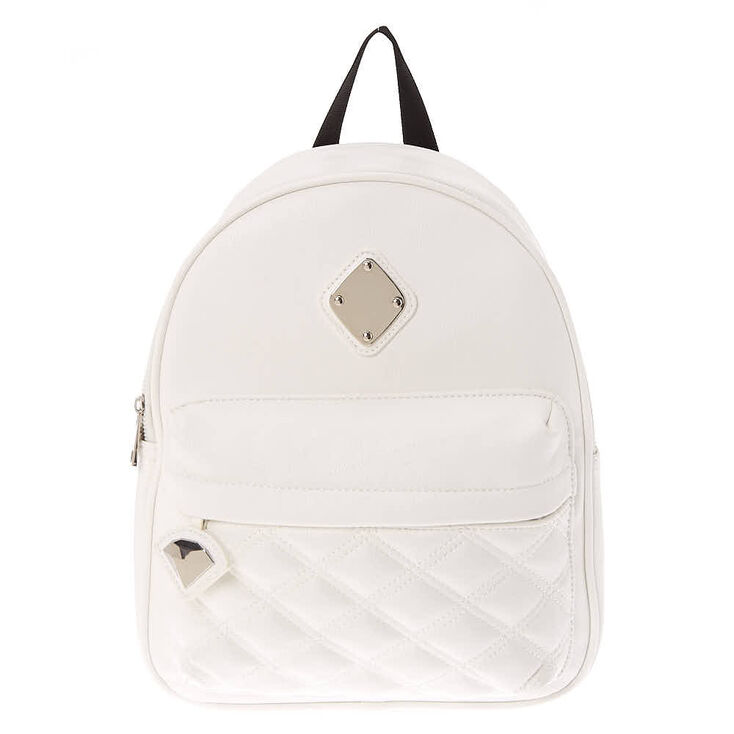 Faux Leather Quilted Midi Backpack - White,