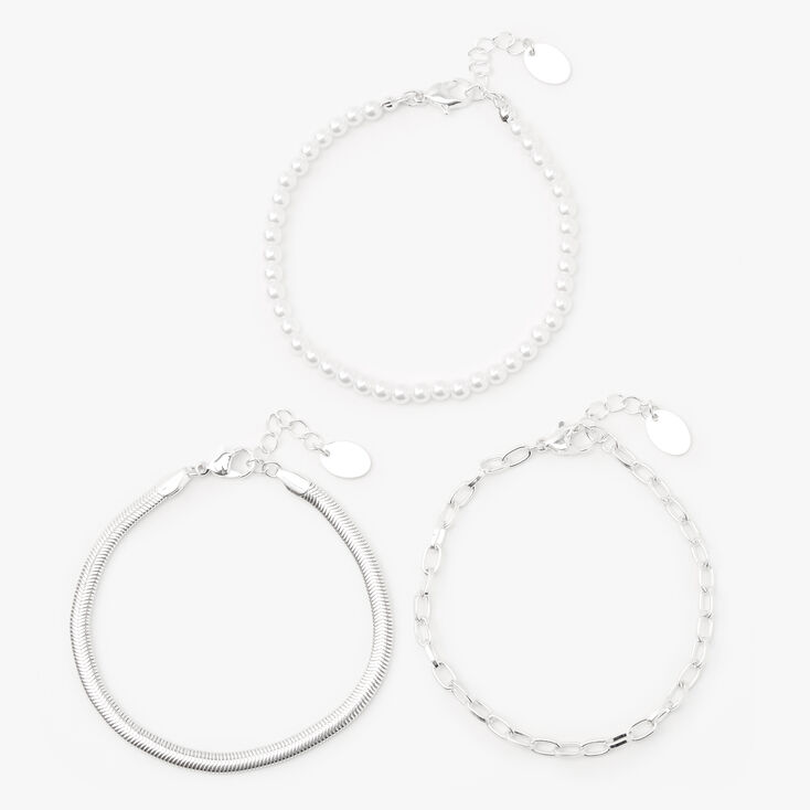 Silver Pearl Snake Chain Bracelets - 3 Pack,
