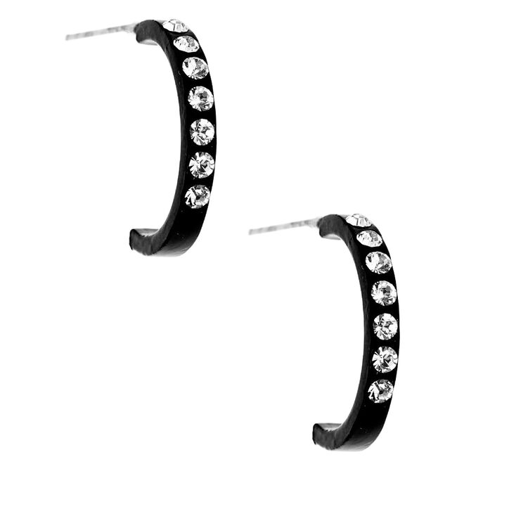 Sterling Silver 12MM Stone Half Hoop Earrings - Black,